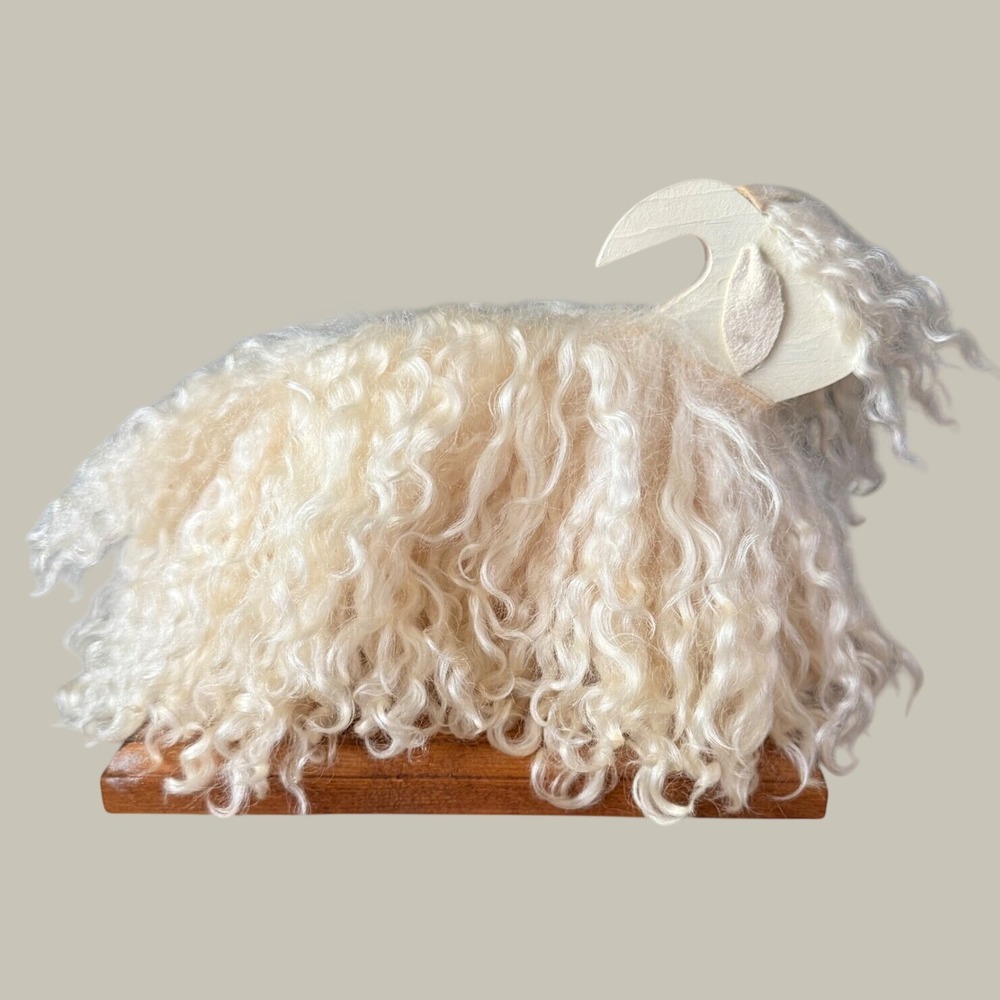 Vintage Sheep Figurine Curly Fleece Wood Base Folk Art Lamb Rustic Home Decor